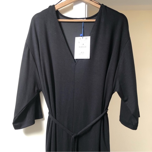 Zara dress with belt 🖤 midi length v neck kimono sleeve straight cut 🖤 black L - Picture 11 of 16